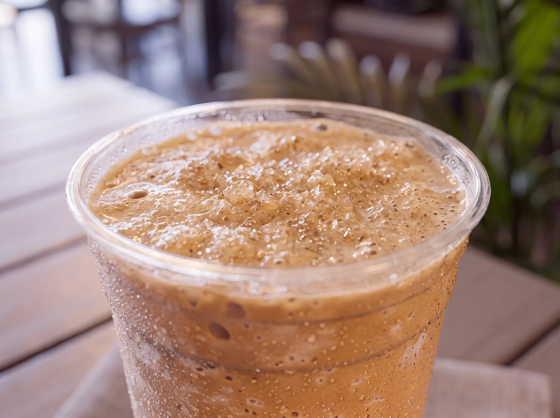 An iced coffee close up on the patio table.