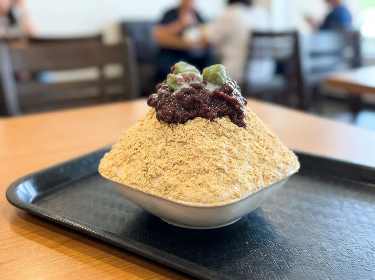 Injeolmi bingsu under roasted soybean powder.