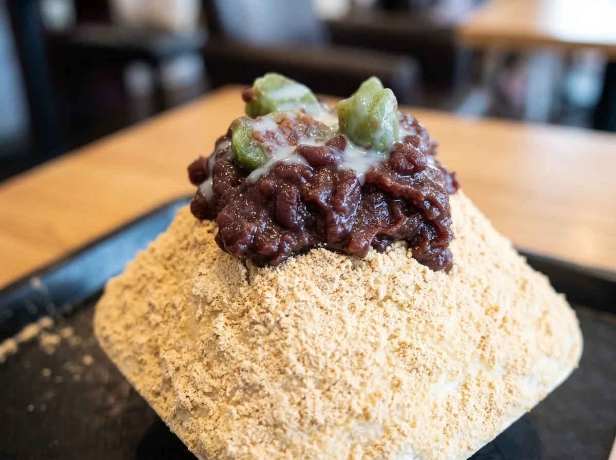 Injeolmi bingsu under soybean powder.